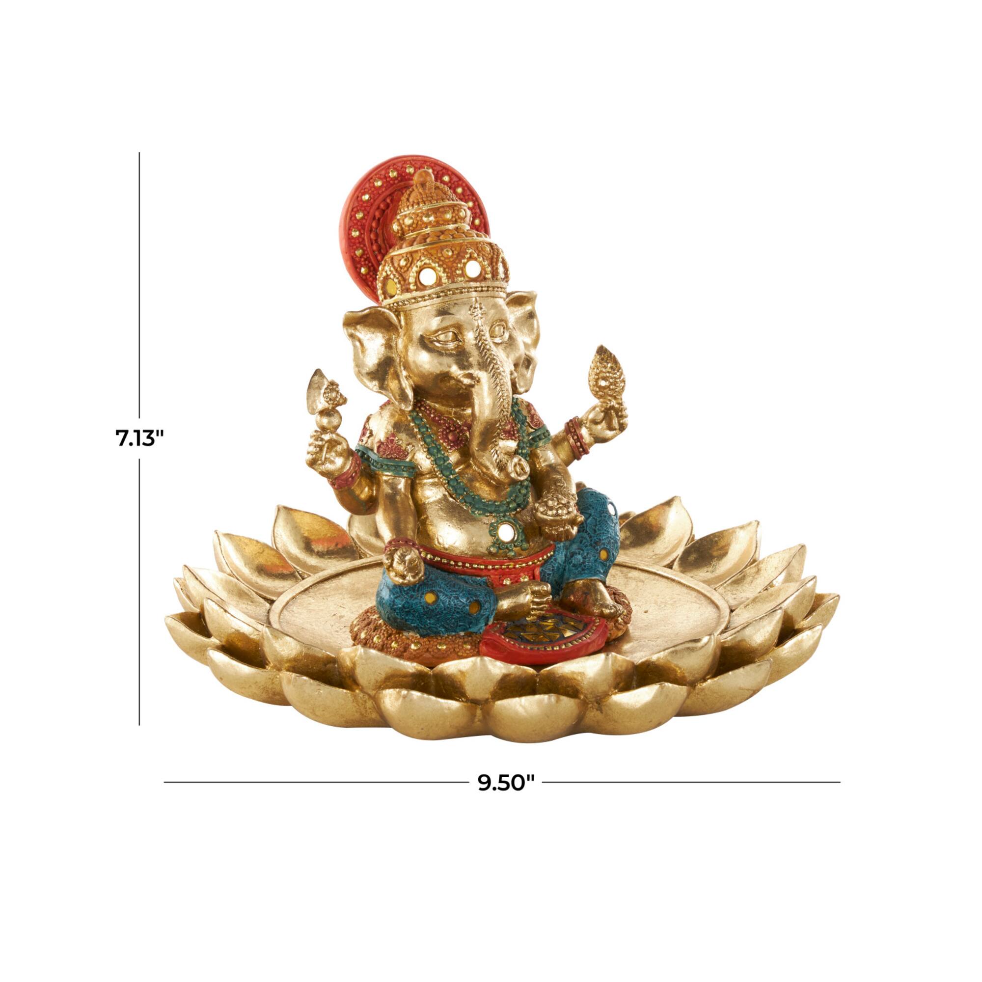 9.5" Long Gold Ganesh Sculpture with Lotus Plate